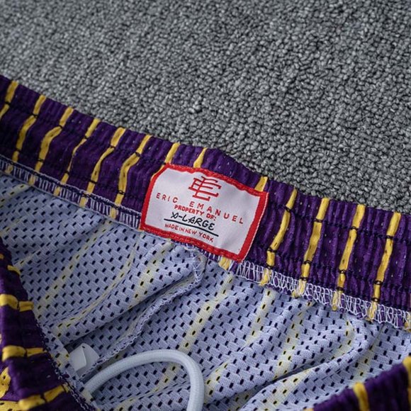 Eric Emanuel EE logo Yellow Flame Print Casual Purple Sports Shorts - Picture 6 of 12
